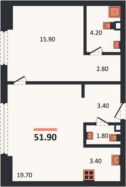 Планировка: 1-к, 51,8 м²