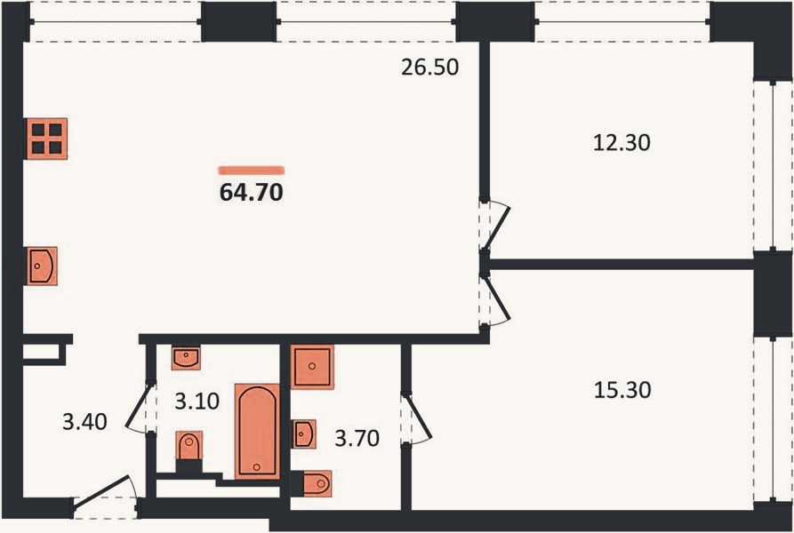 Планировка: 2-к, 64,7 м²
