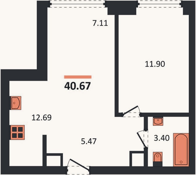 Планировка: 1-к, 40,7 м²