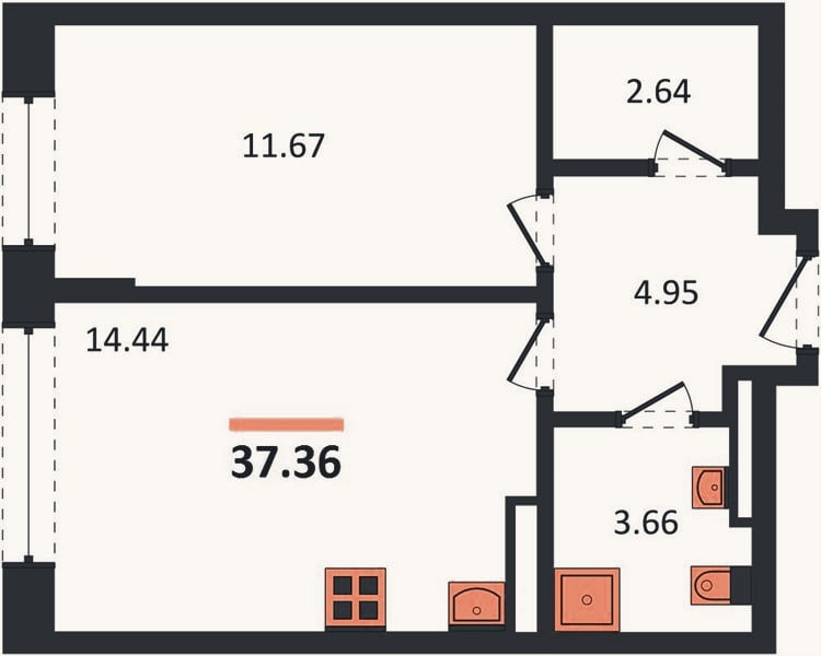 Планировка: 1-к, 37,4 м²