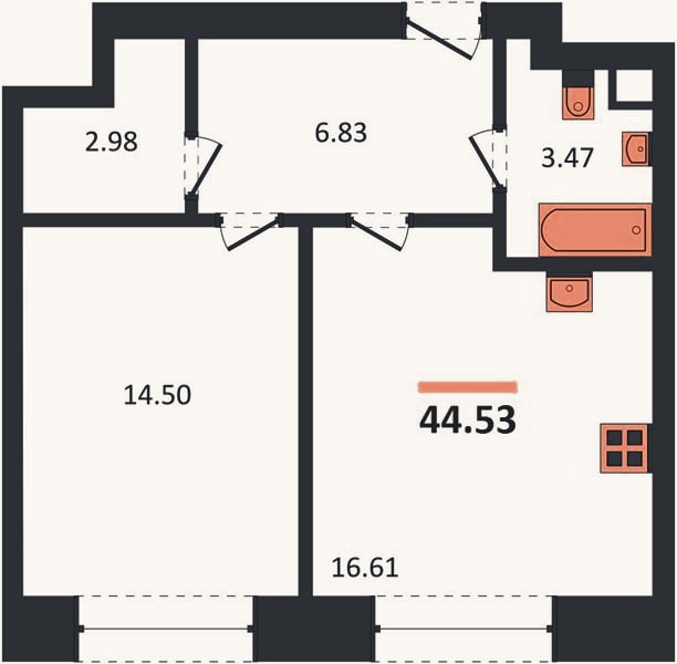 Планировка: 1-к, 44,5 м²