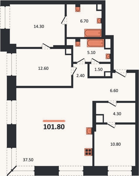 Планировка: 2-к, 101,8 м²