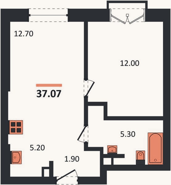 Планировка: 1-к, 37,1 м²