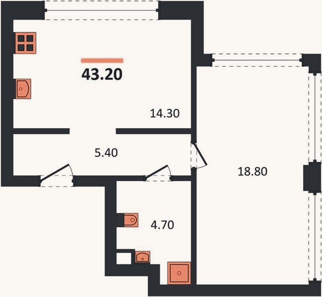 Планировка: 1-к, 43,2 м²