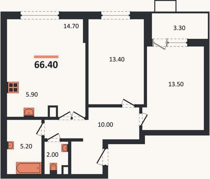 Планировка: 2-к, 66,4 м²