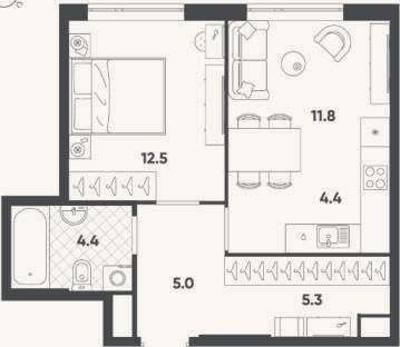Планировка: 1-к, 43,3 м²
