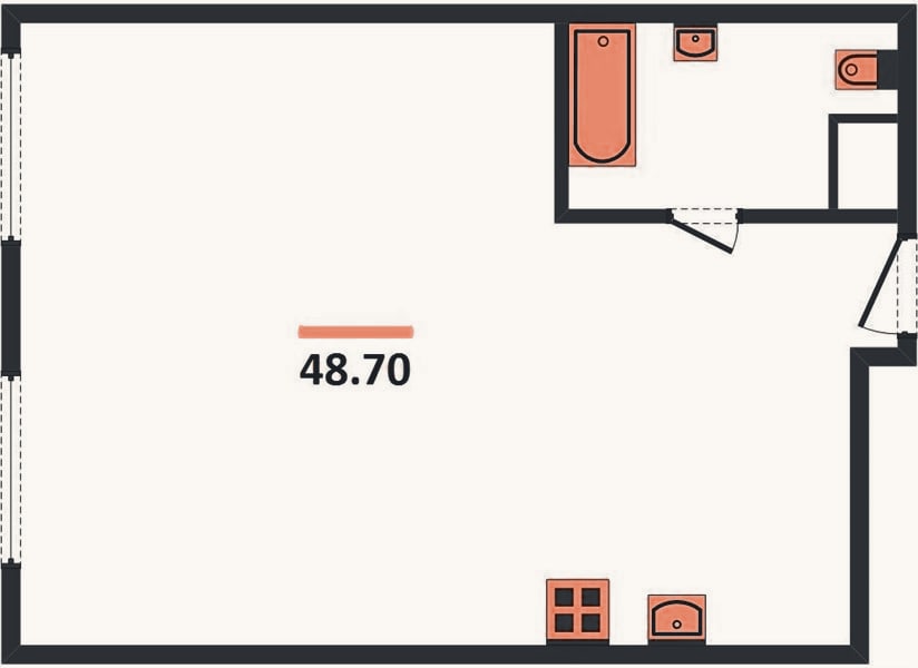 Планировка: 1-к, 48,7 м²