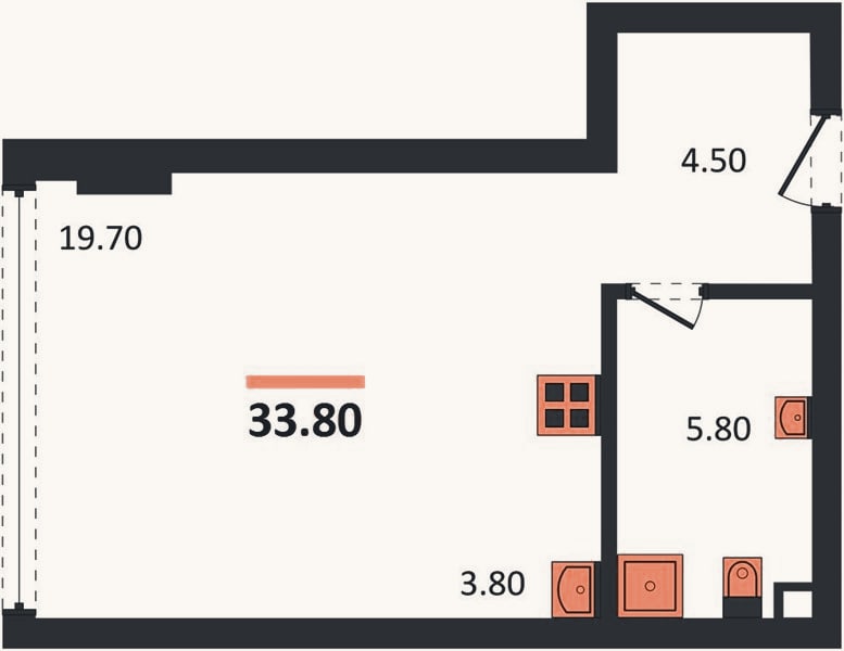 Планировка: Студия, 33,8 м²