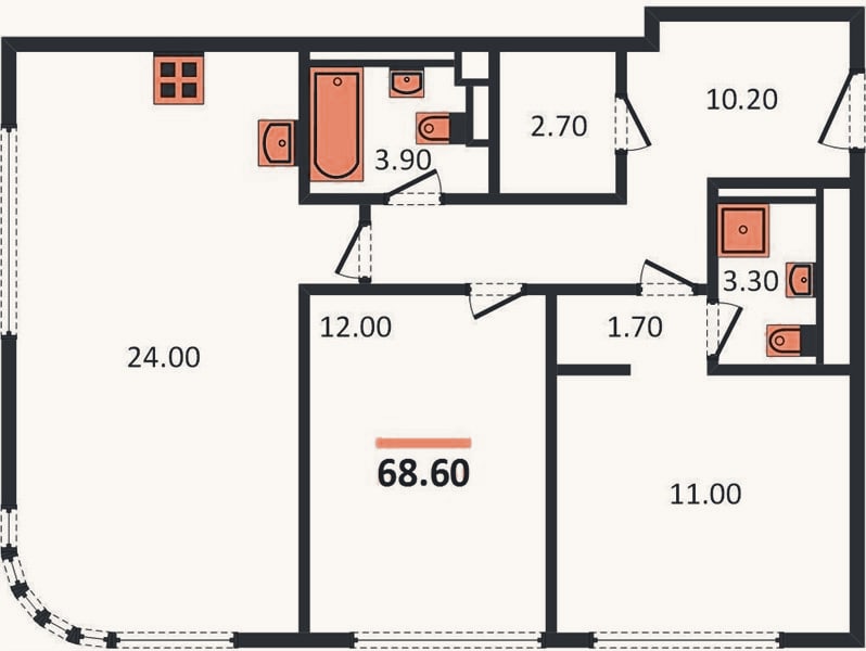 Планировка: 2-к, 68,6 м²
