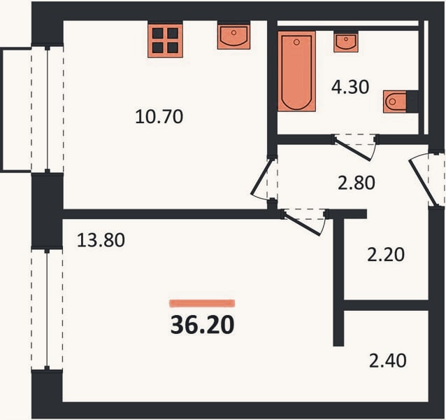 Планировка: 1-к, 36,2 м²