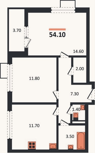 Планировка: 2-к, 54,1 м²