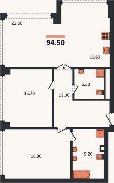 Планировка: 2-к, 94,5 м²