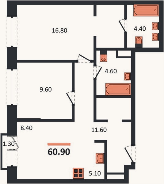 Планировка: 2-к, 60,9 м²