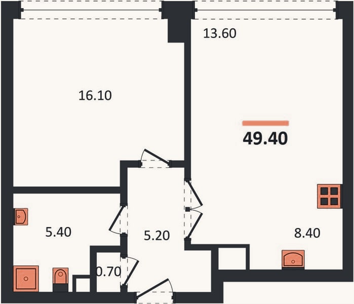 Планировка: 1-к, 49,4 м²
