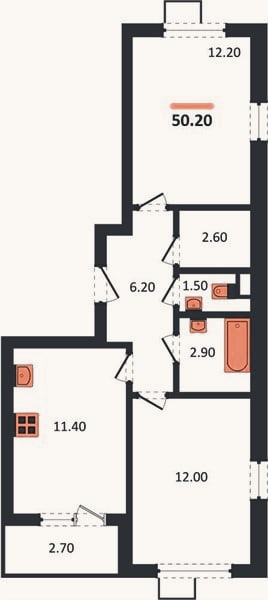 Планировка: 2-к, 50,2 м²