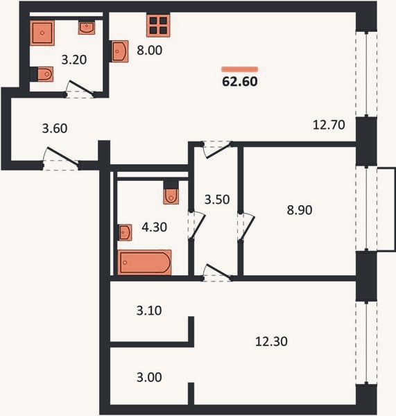 Планировка: 2-к, 62,6 м²