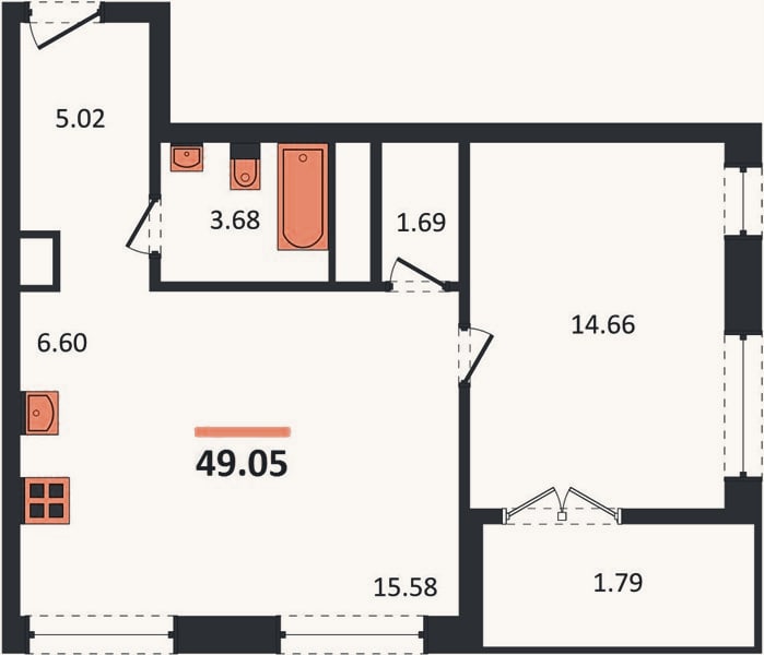 Планировка: 1-к, 49,1 м²