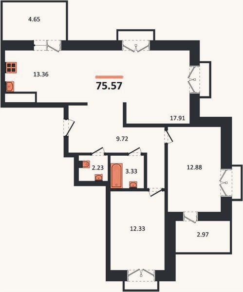 Планировка: 2-к, 75,6 м²
