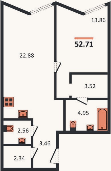 Планировка: 1-к, 52,7 м²