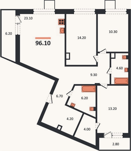 Планировка: 3-к, 96,1 м²