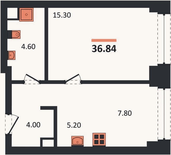 Планировка: 1-к, 36,8 м²