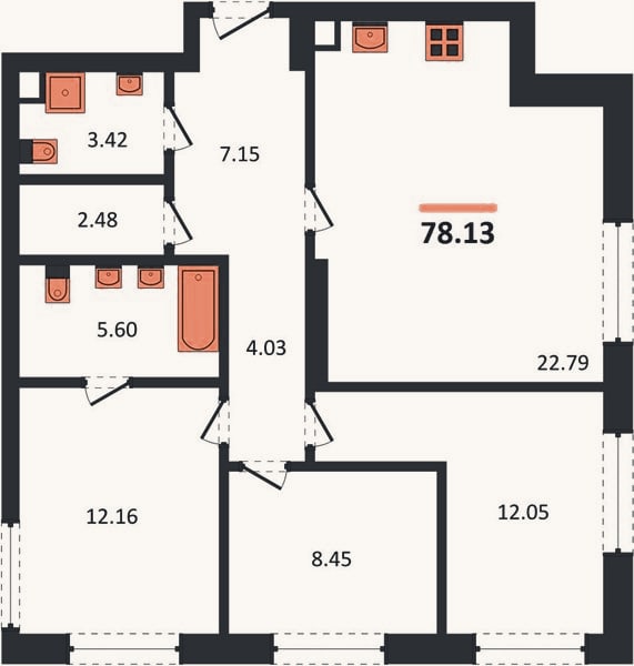 Планировка: 3-к, 78,1 м²