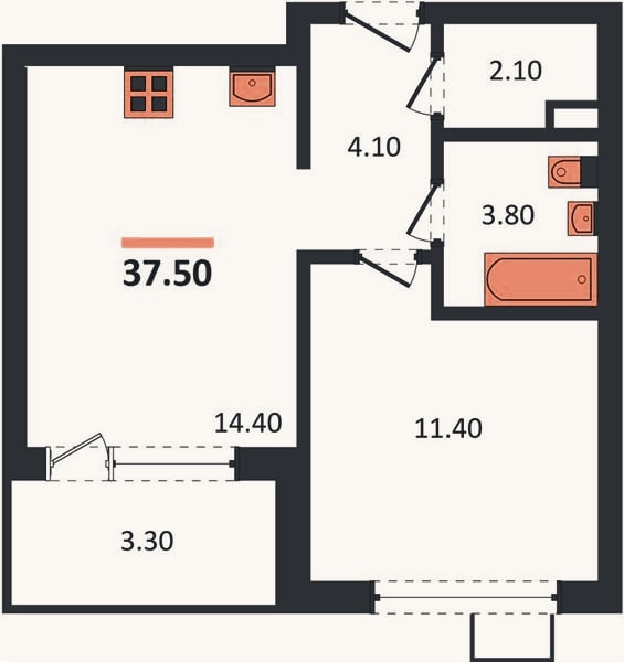 Планировка: 1-к, 37,5 м²
