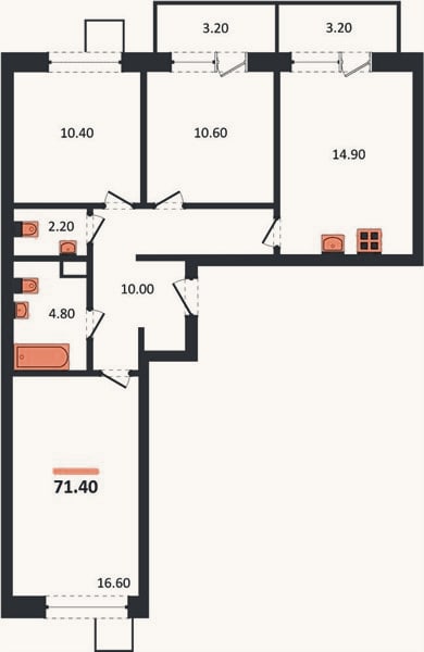 Планировка: 3-к, 71,4 м²