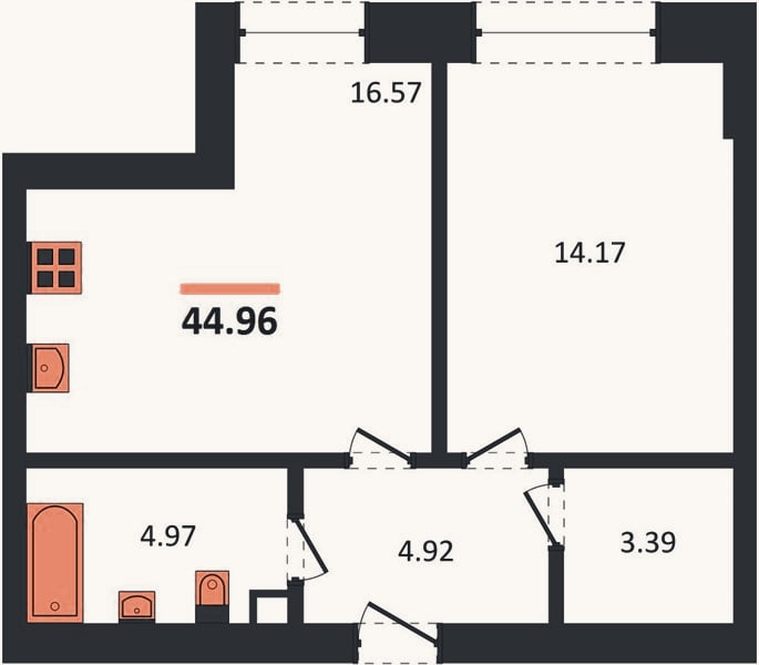 Планировка: 1-к, 45 м²