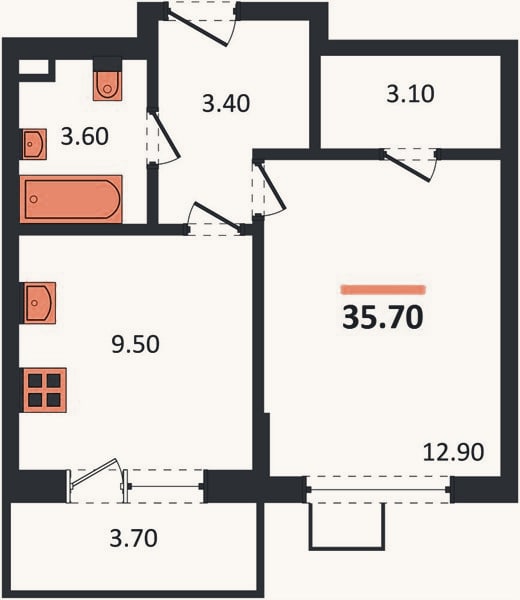 Планировка: 1-к, 35,7 м²