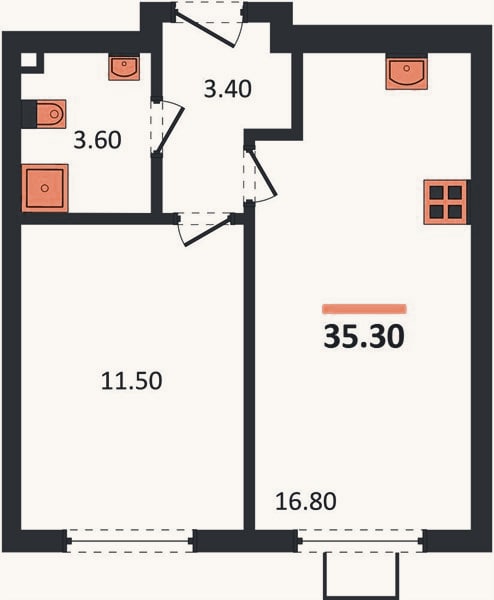 Планировка: 1-к, 35,3 м²