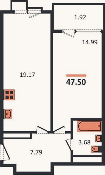 Планировка: 1-к, 47,5 м²