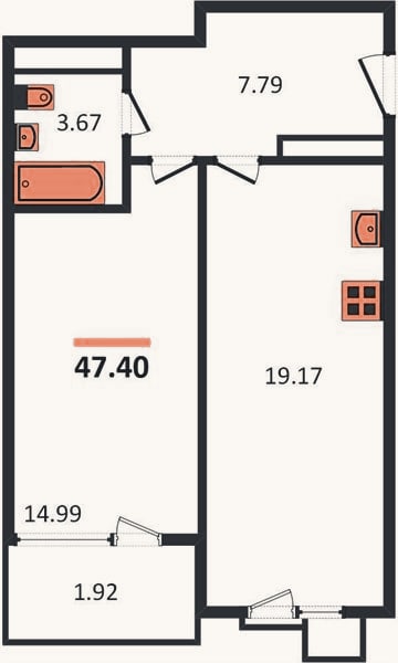 Планировка: 1-к, 47,4 м²