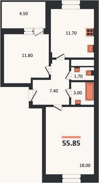 Планировка: 2-к, 55,9 м²