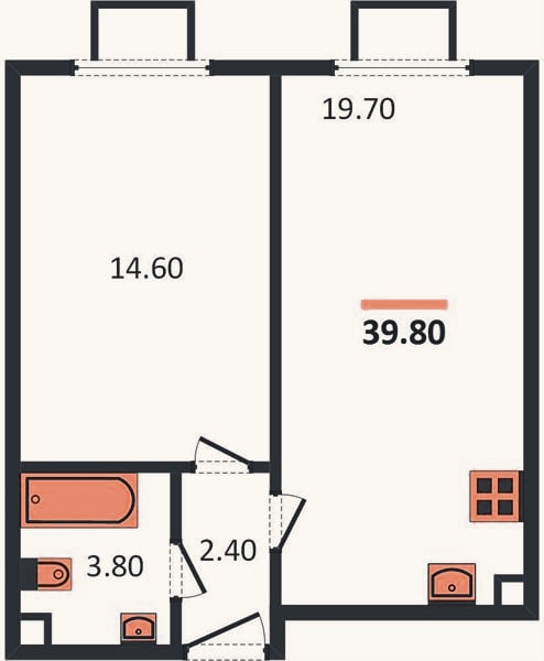 Планировка: 1-к, 39,8 м²