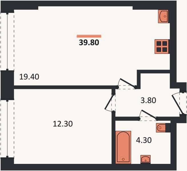 Планировка: 1-к, 39,8 м²