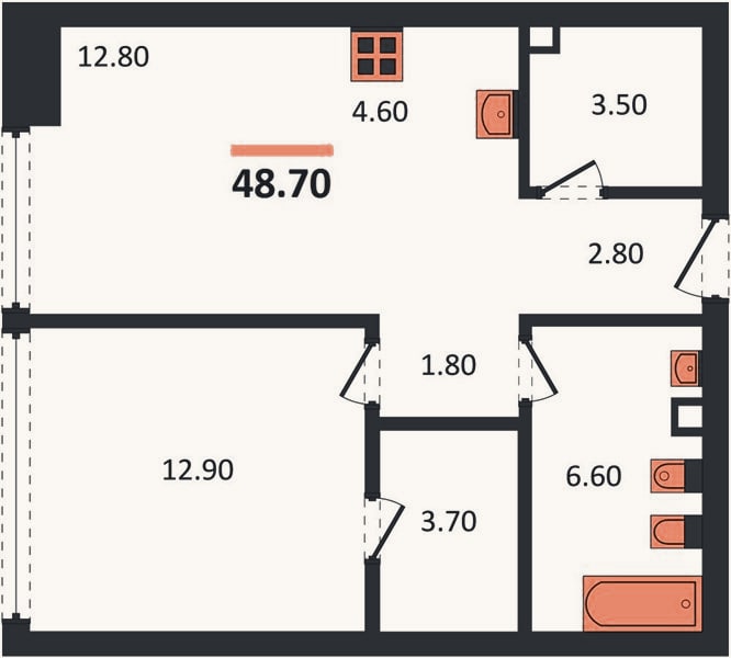 Планировка: 1-к, 48,7 м²