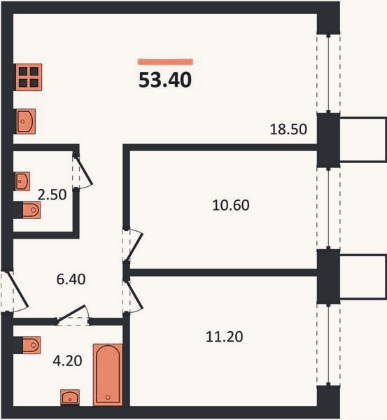 Планировка: 2-к, 53,4 м²