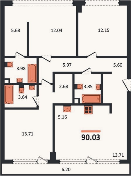 Планировка: 3-к, 90 м²
