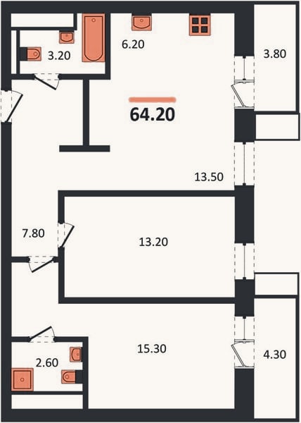 Планировка: 2-к, 64,2 м²