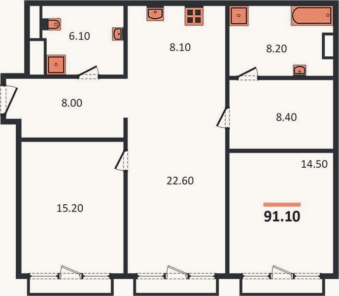 Планировка: 2-к, 91,1 м²