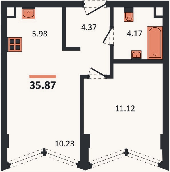Планировка: 1-к, 35,9 м²