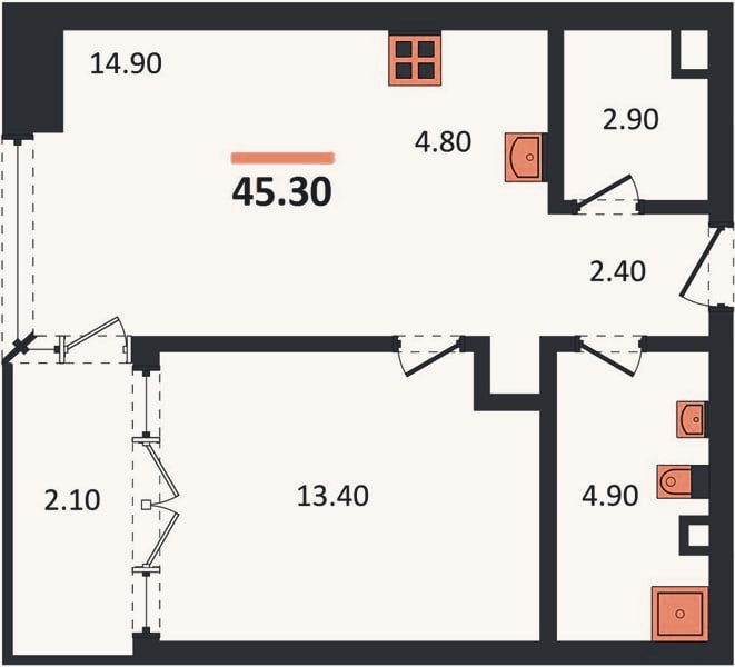 Планировка: 1-к, 45,3 м²
