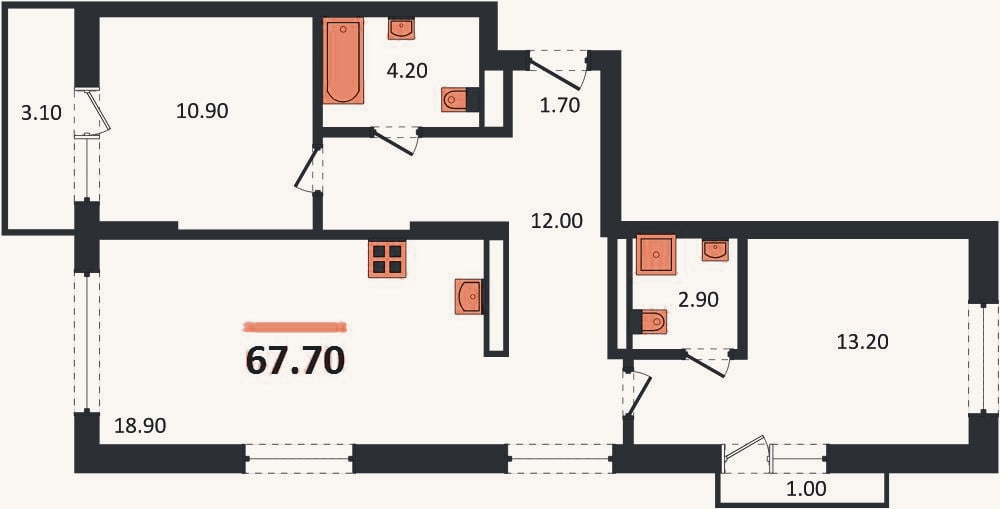 Планировка: 2-к, 67,7 м²