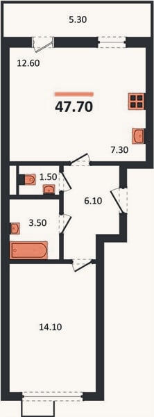 Планировка: 1-к, 47,7 м²