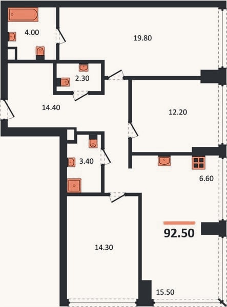 Планировка: 3-к, 92,5 м²