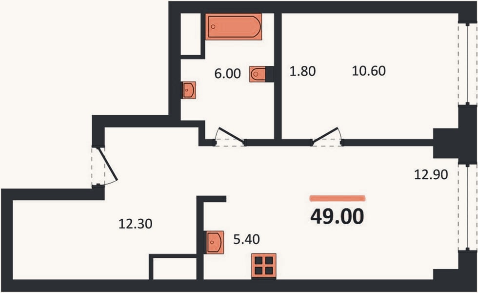Планировка: 1-к, 49 м²