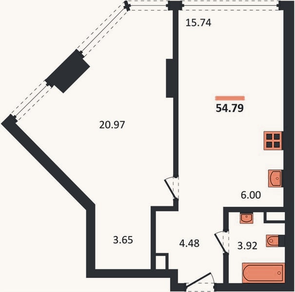 Планировка: 1-к, 54,8 м²