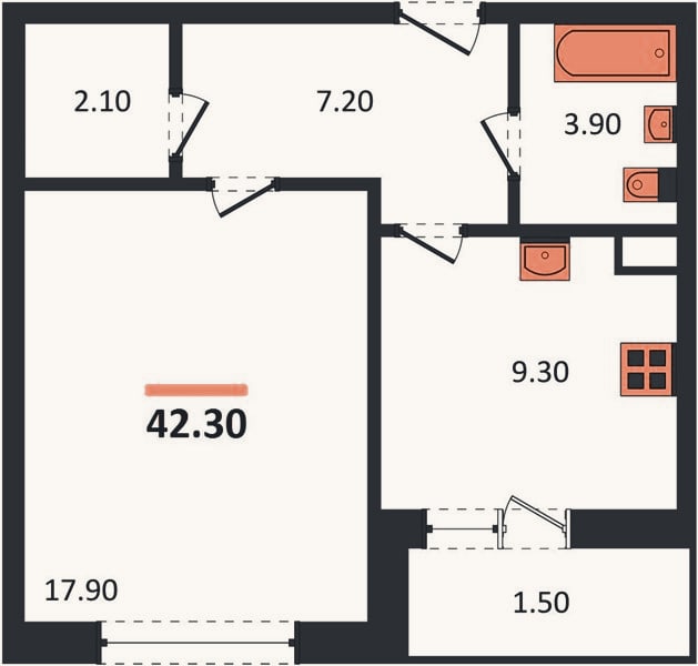 Планировка: 1-к, 41,9 м²
