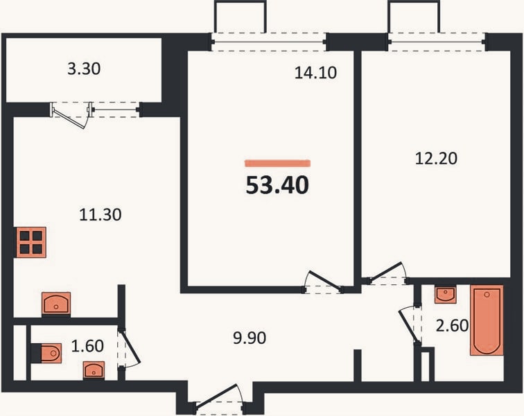 Планировка: 2-к, 53,4 м²